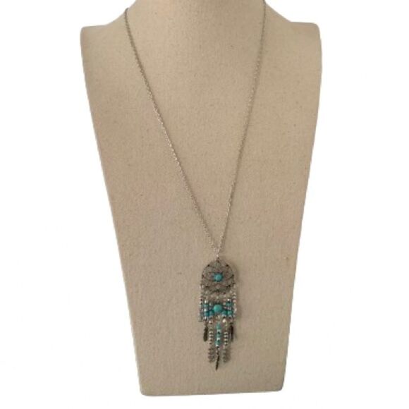 Men’s Turquoise & Feather Dreamcatcher Long Pendant Necklace with Silver Tassels - Picture 11 of 11